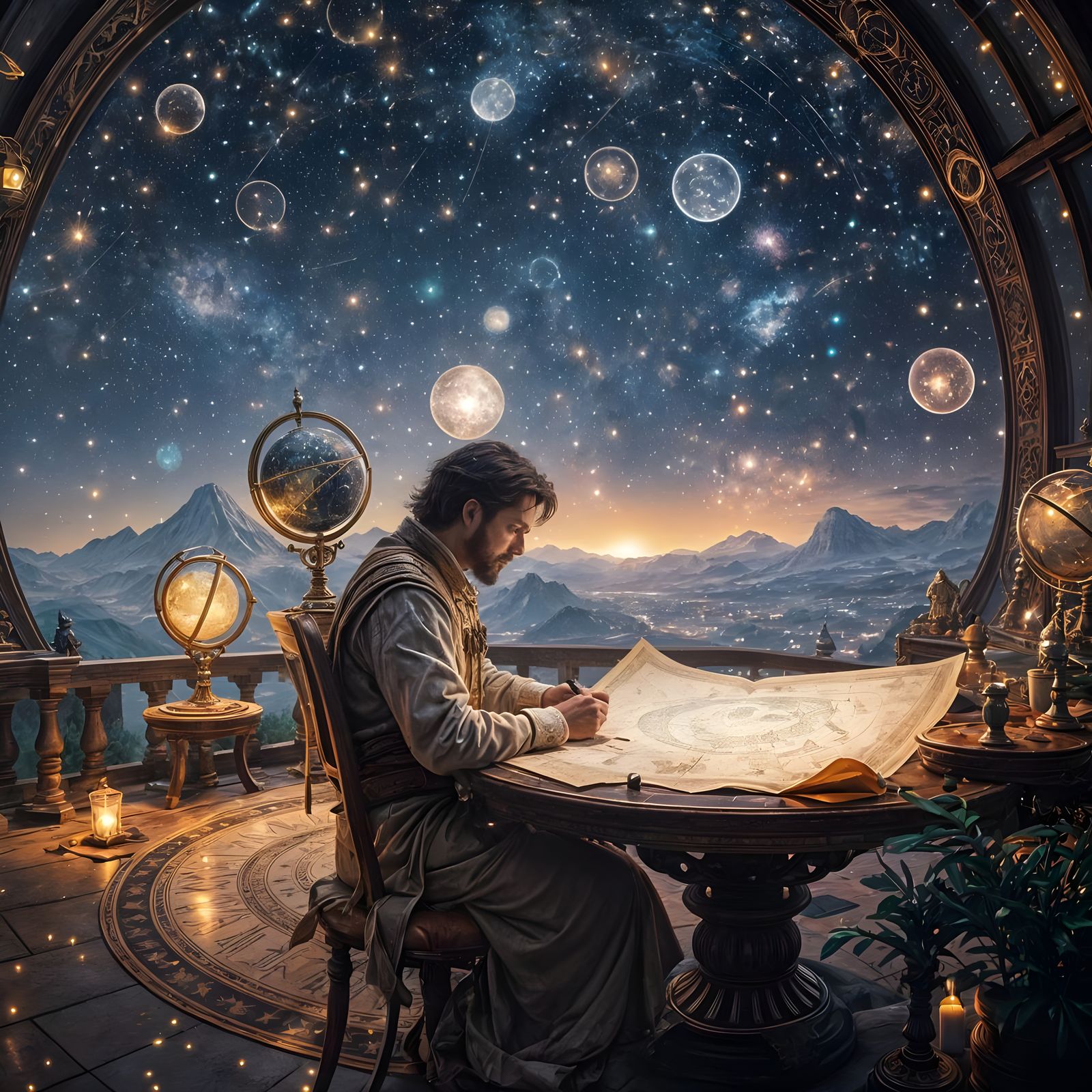 Celestial Cartographer Mapping Stars in Grand Observatory