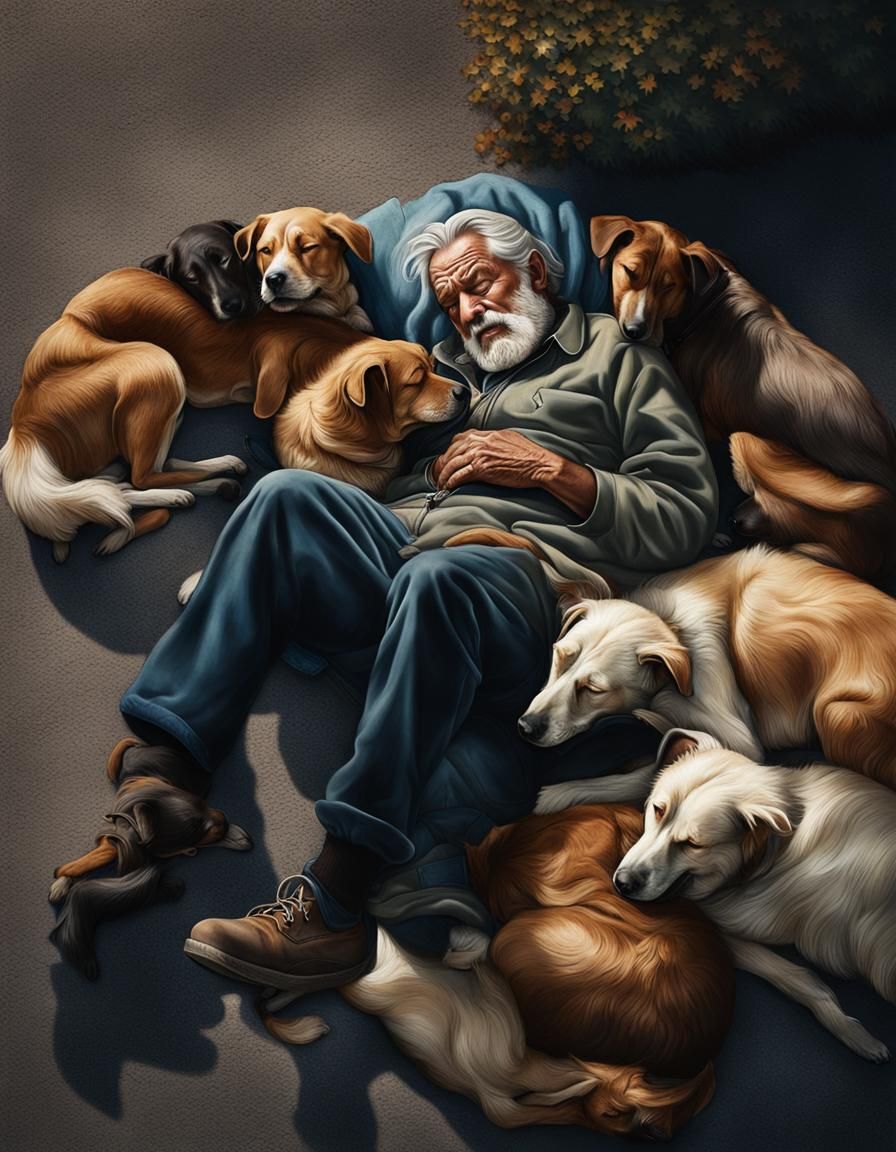 Homeless Man Sleeping with Dogs: Photorealistic Street Scene