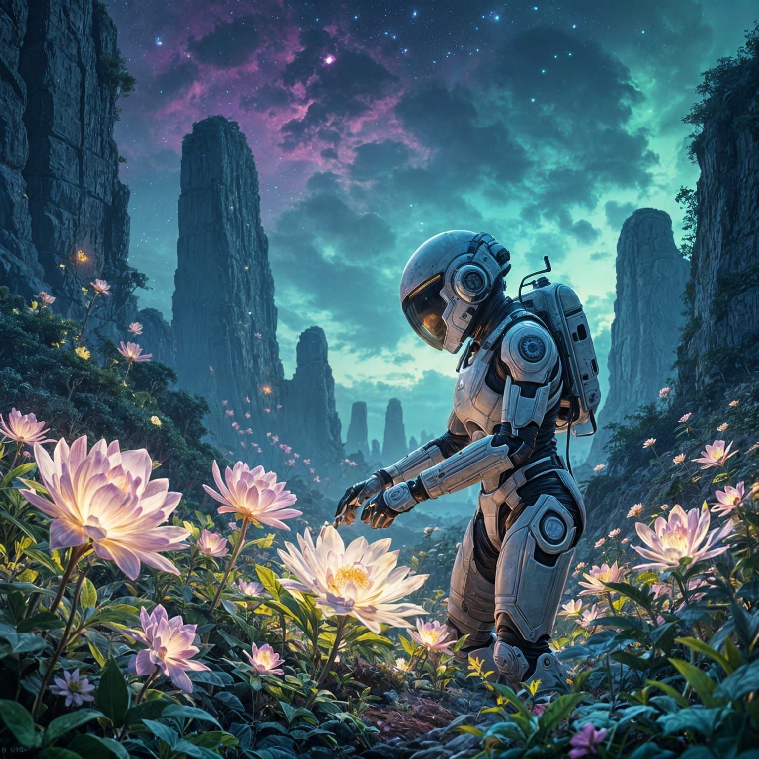 Android Botanist on Alien Planet in Atmospheric Style