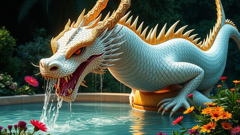 Dragon Fountain in Hyperrealistic Fantasy Style