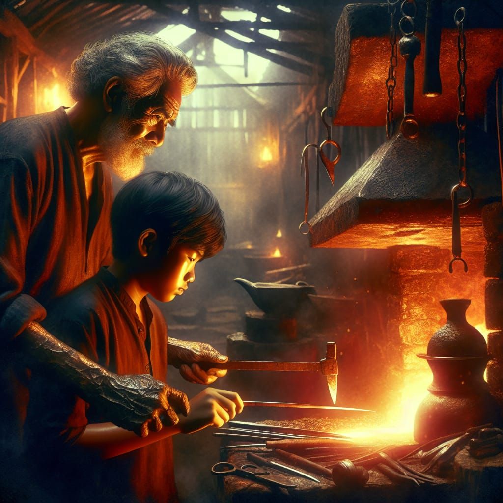 Blacksmith's Forge: Boy Forging Knife with Mentor