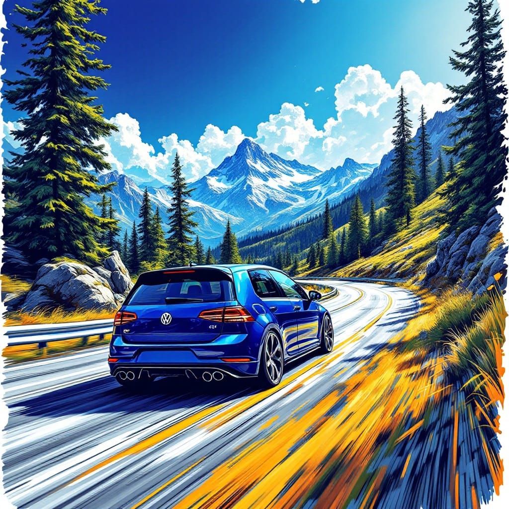 Vibrant Dark Blue Sports Car Dancing Through the Alps