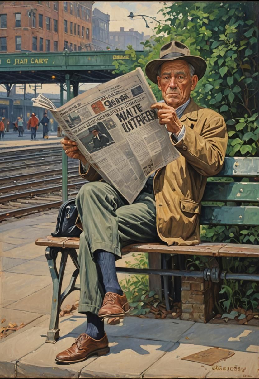 Man Reading Newspaper at Train Station: Gurney Style