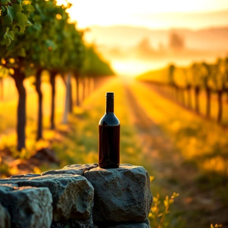 Peaceful summer vineyard at dawn, soft golden light casting ...