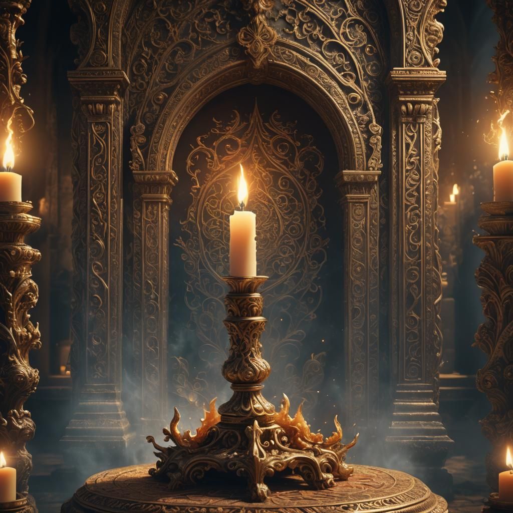 Ornate Candle on Ancient Altar, Art Nouveau Style