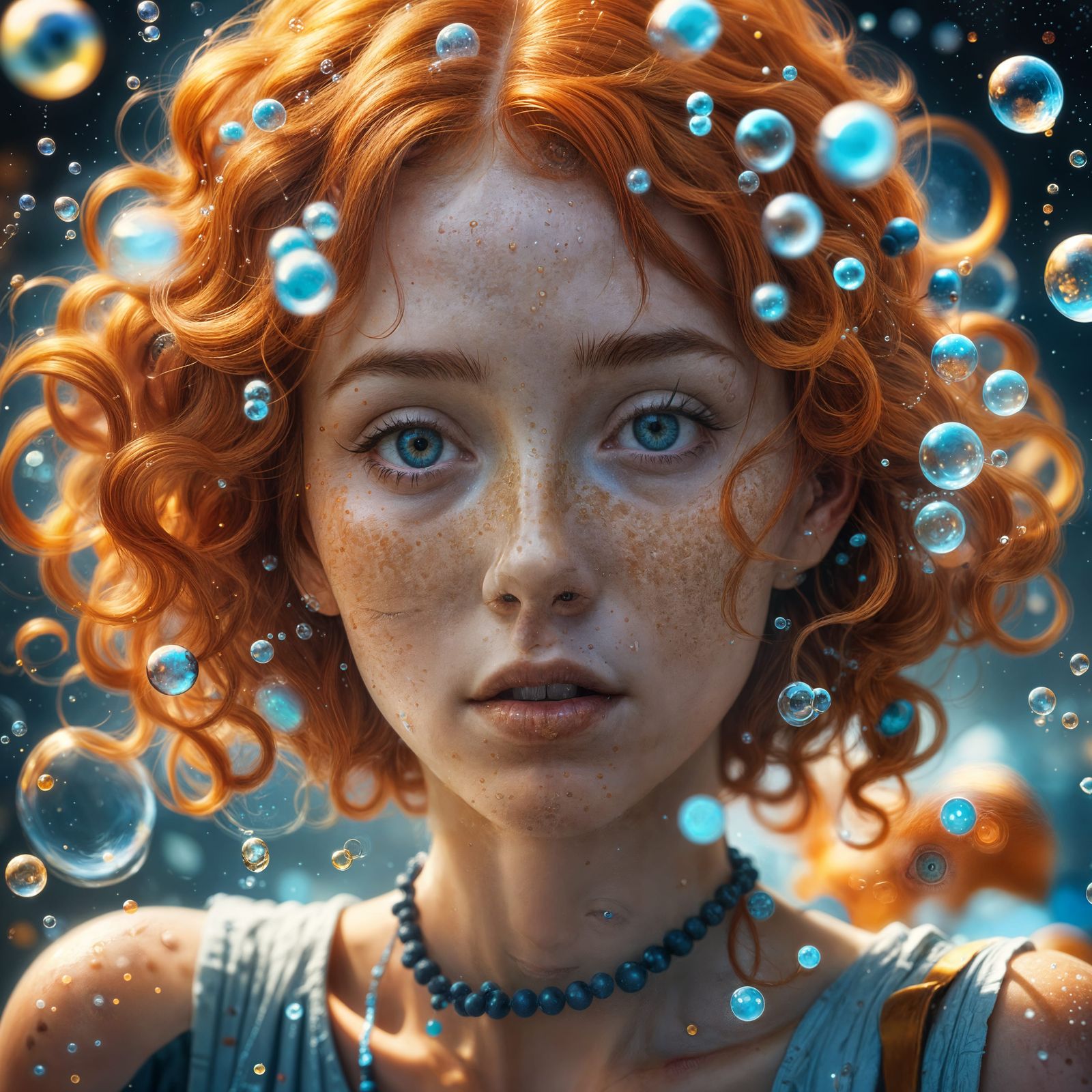 Serene Orange-Haired Goddess with Bubbles in Dreamy Fantasy...