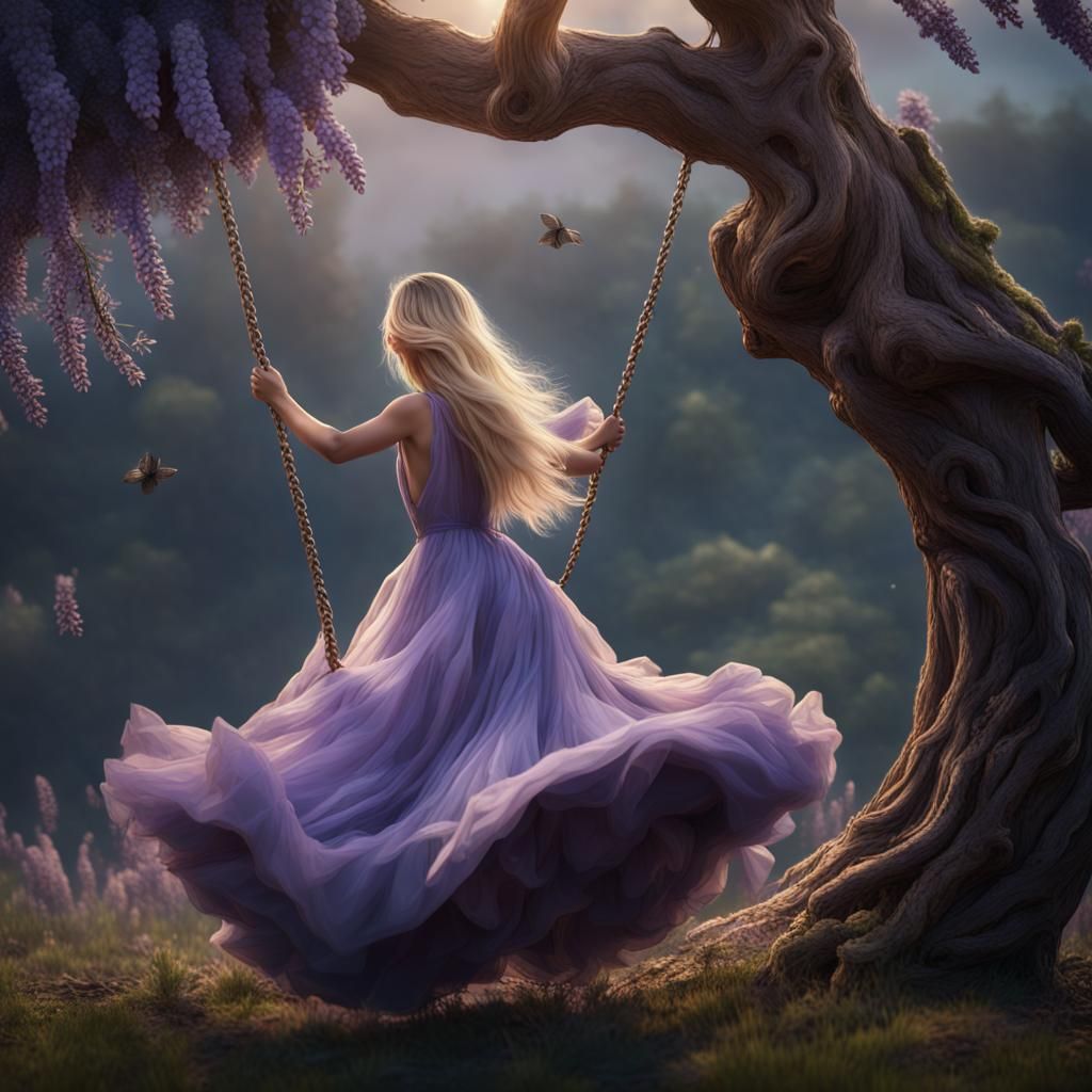 Girl Swinging from Tree: Detailed Fantasy Art