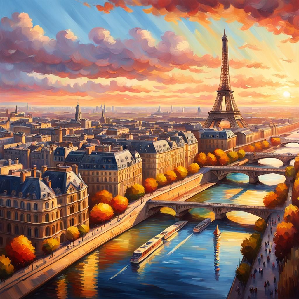 Paris Cityscape Oil Painting at Sunset