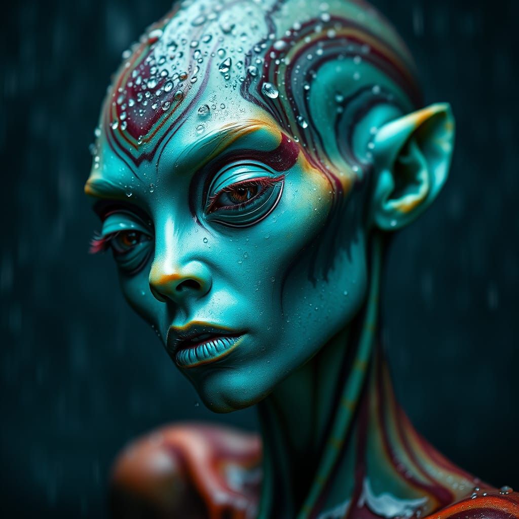 Turquoise Alien Reveals Ethereal Beauty in Rainy Close-Up