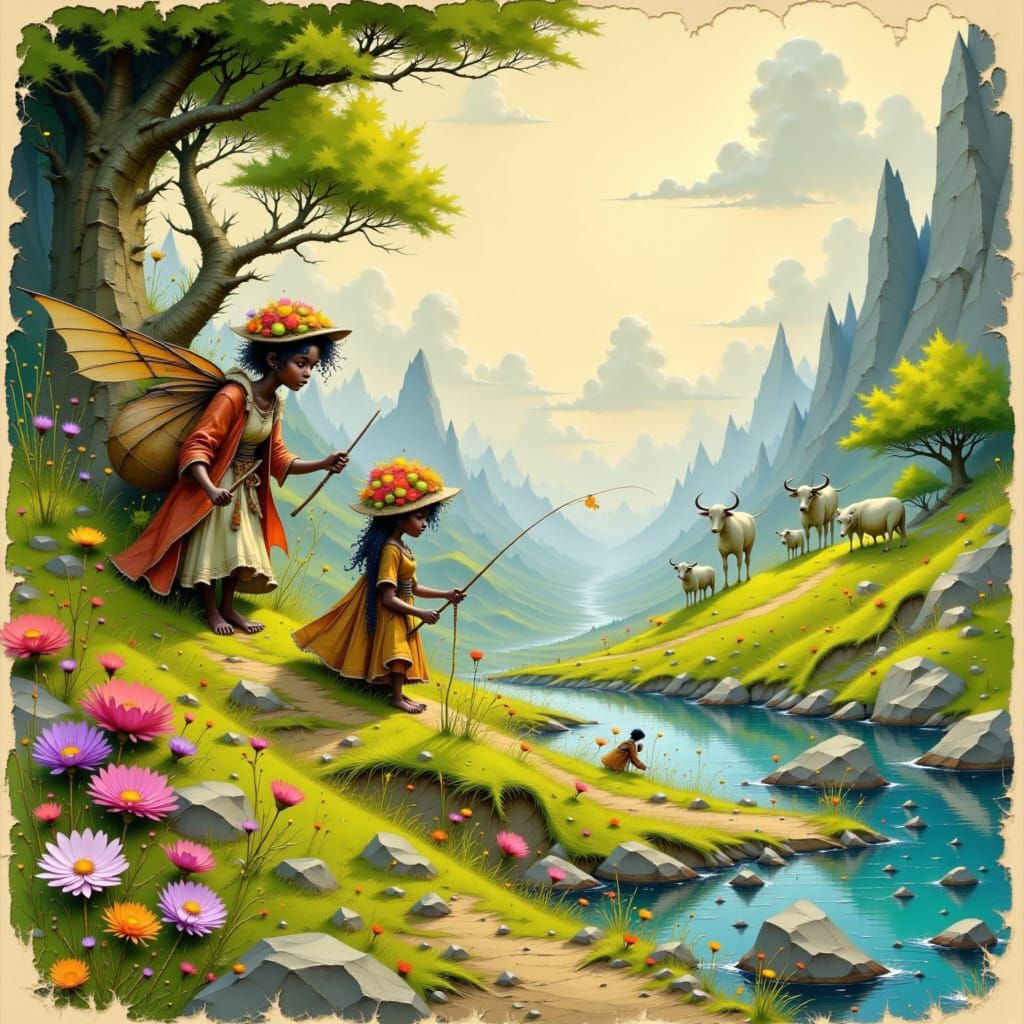 Fairies Herding Cattle and Fishing: A Whimsical Scene
