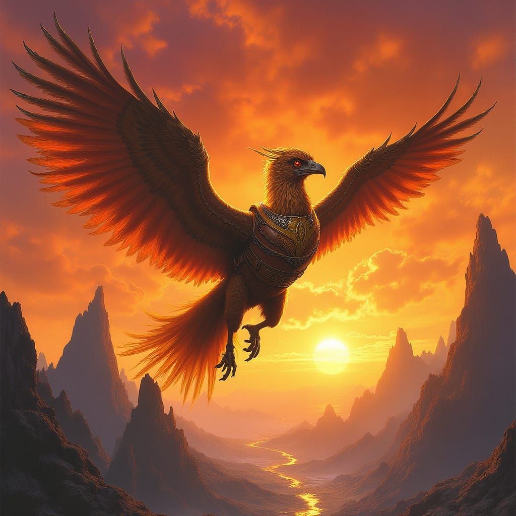 Griffin Soaring Through Sunset Sky in Fantasy Art Style