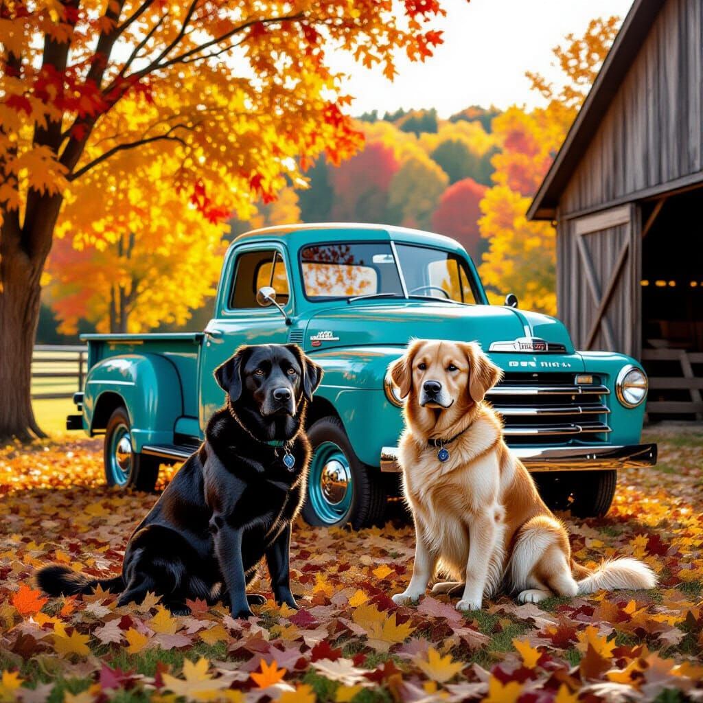 Labrador and Golden Retriever with Vintage Ford Truck in Aut...