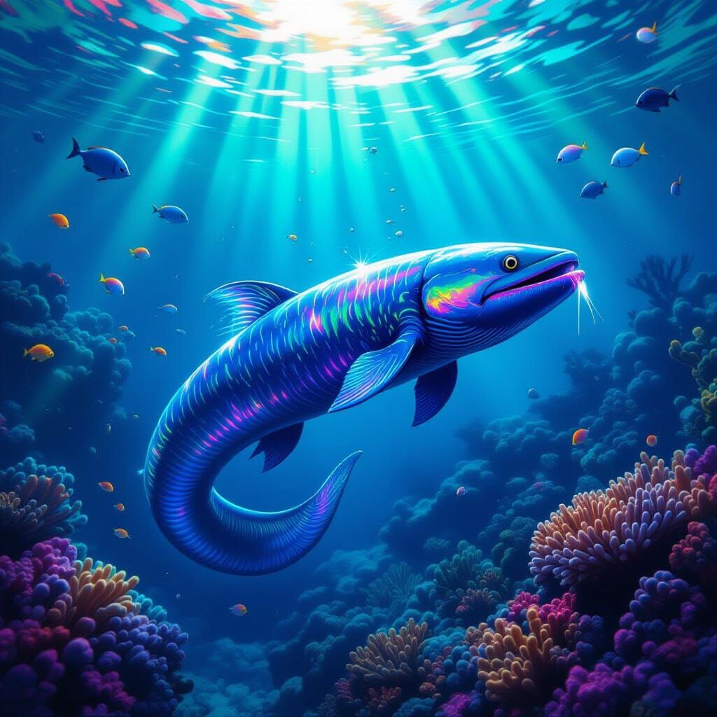 Bioluminescent Eel in Coral Reef, Hyper-Realistic