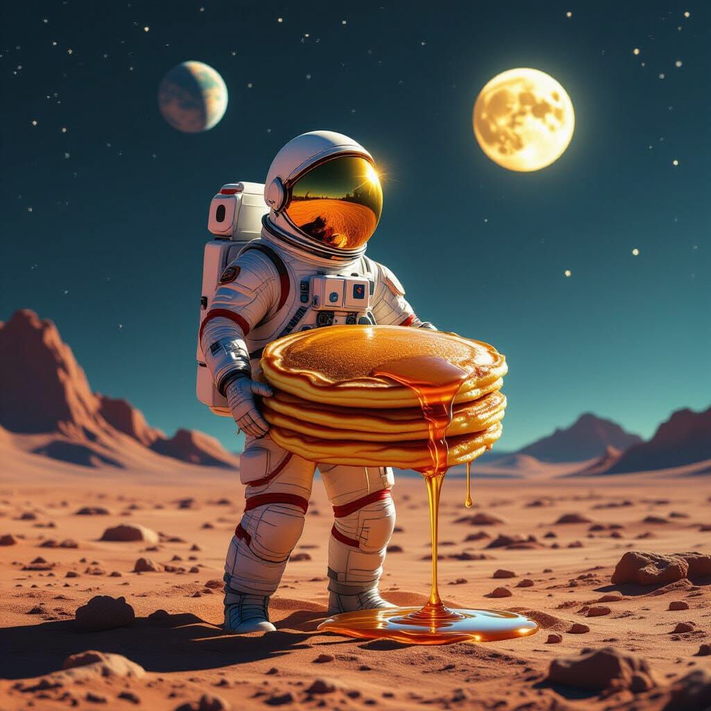 Astronaut Holds Giant Syrup Pancake on Alien Planet