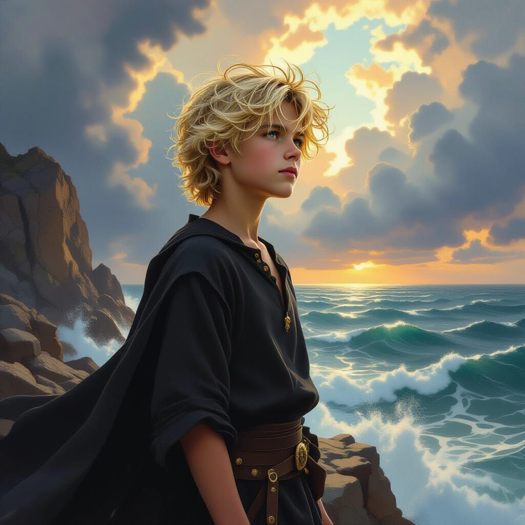 Boy on Cliff in Stormy Sea: Cinematic Realism