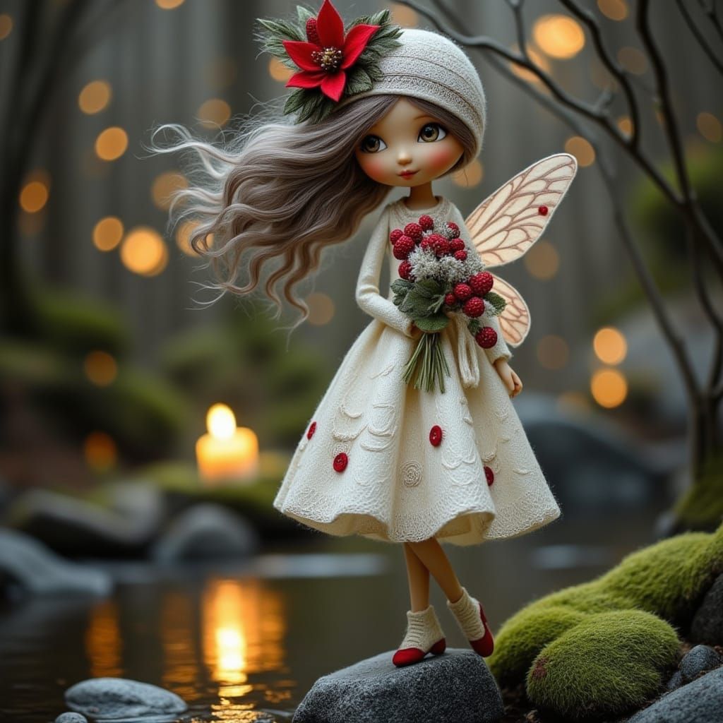 Fairy Child by Winter Stream in Christmas Forest