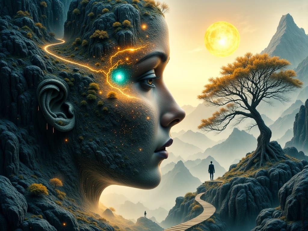 Surreal Goddess Emerging from a Mystical Mountainous Landsca...