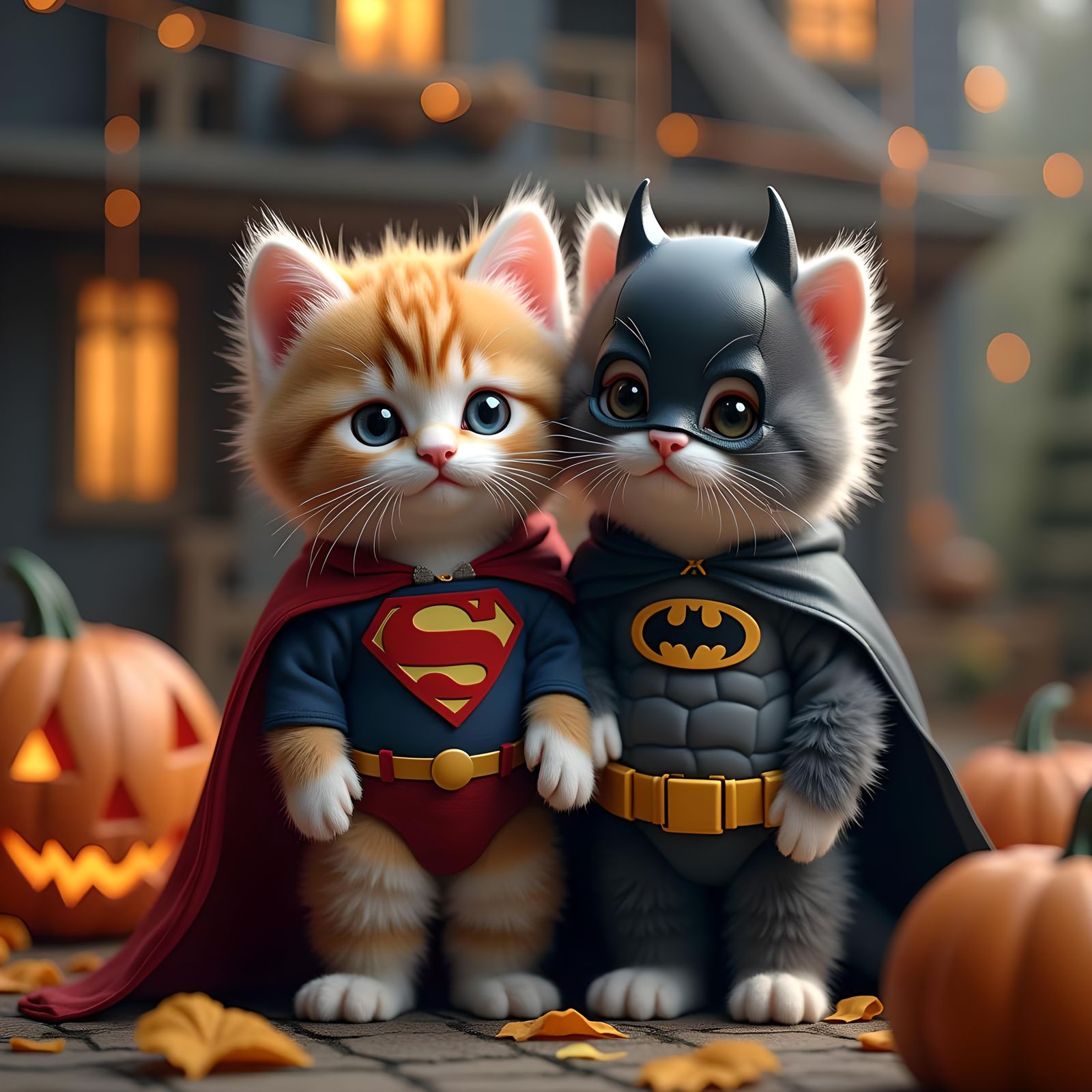 a cute animated fluffy kittens with a super man costume on o...