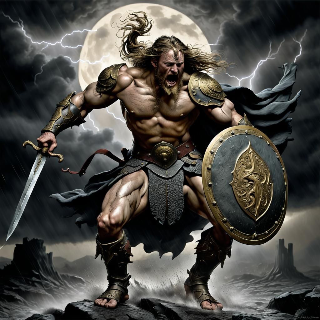 Viking Warrior Charging: Digital Baroque Style