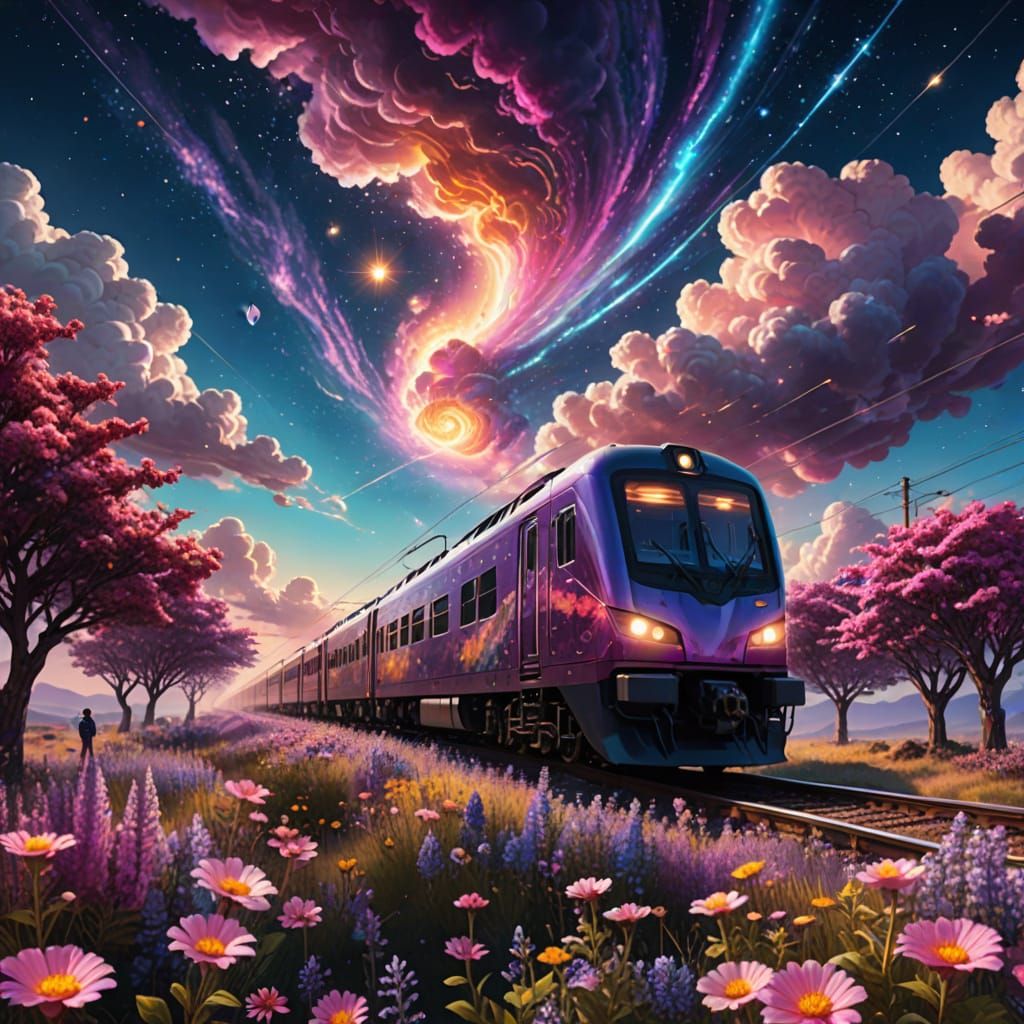 Train Rides Through a Cosmic Dreamscape in Digital Art