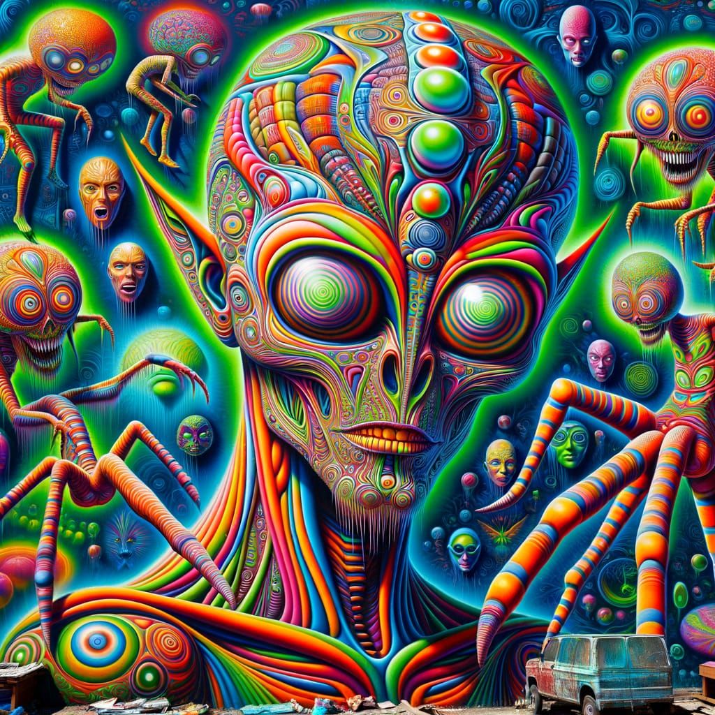 Psychedelic Alien Magician with Melting Faces
