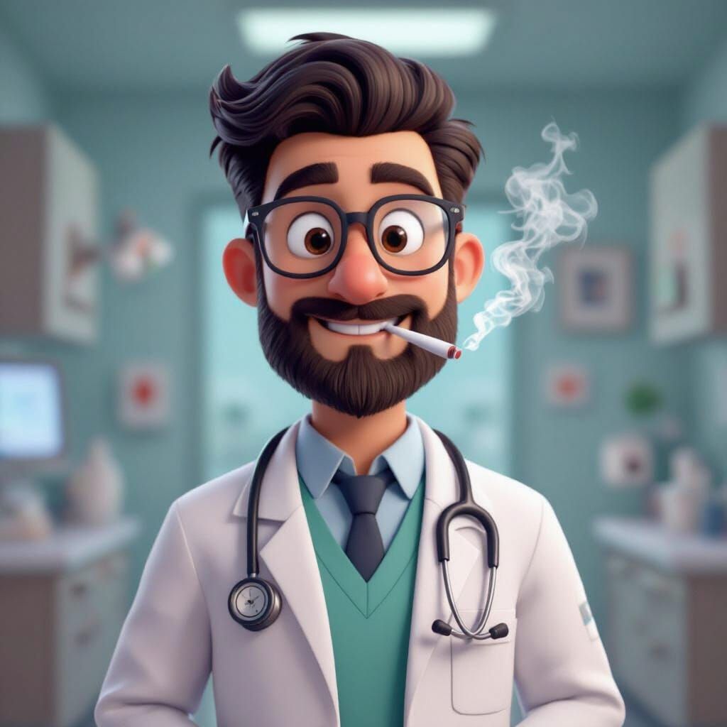 Cartoon Doctor Vaping in Hospital, Animated Style