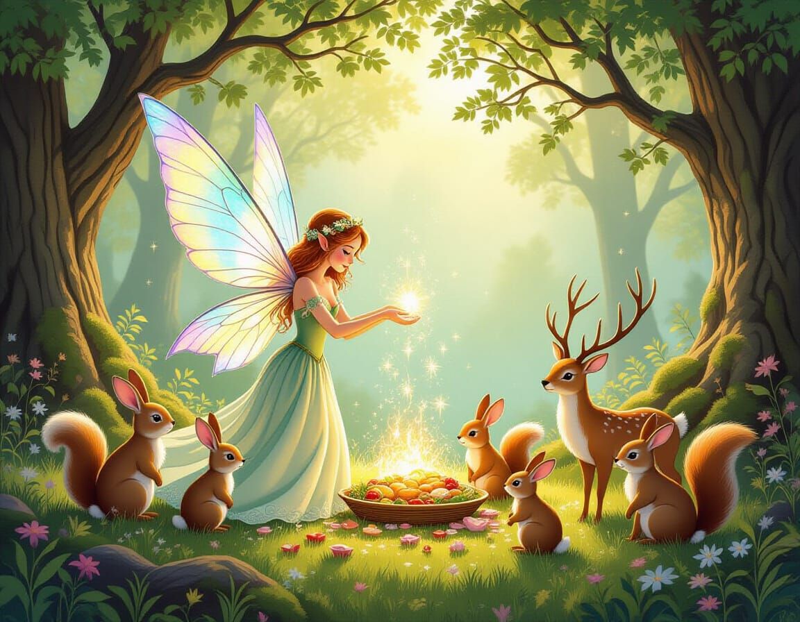 A faerie is conjuring a feast for a gathering of her woodlan...