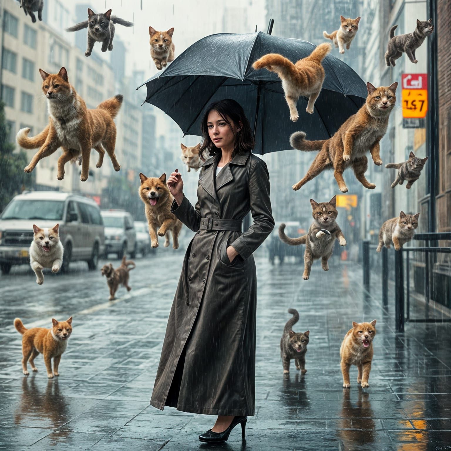 Hyperrealistic Stormy Night with Raining Cats and Dogs