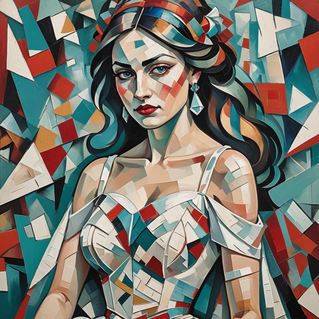 Rebellious Bride Undressing: A Cubist Oil Painting