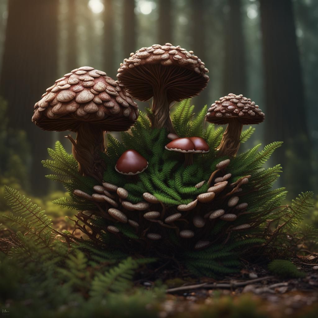 Mushroom and Fern Sprout from Pine Cone