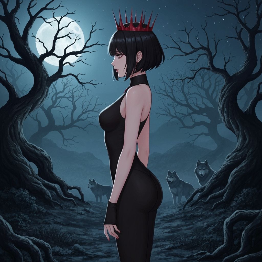 Anime Evil Queen in Dark Forest with Wolves