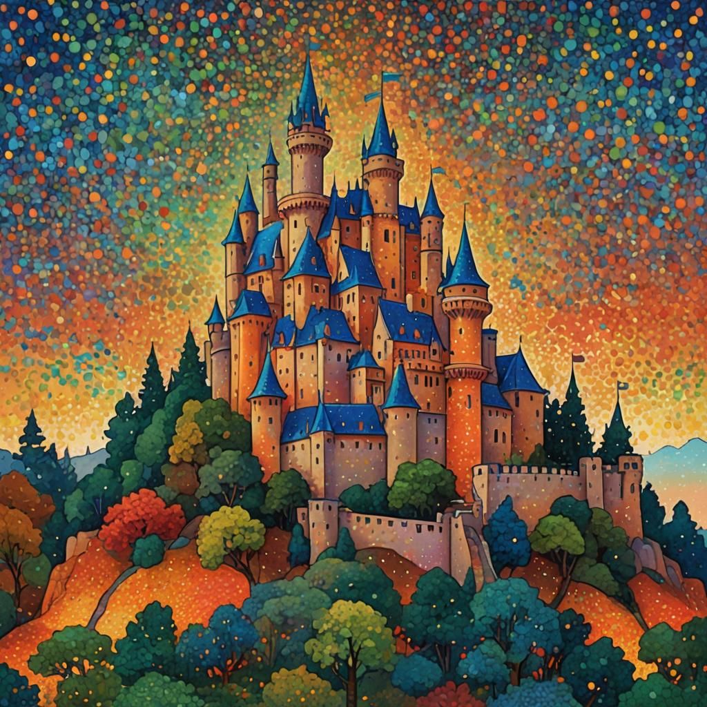 Jewel-Toned Castle in Pointillism Style