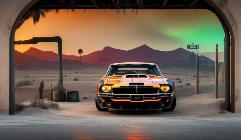 Steampunk Mustang Muscle Car on Postal Stamp