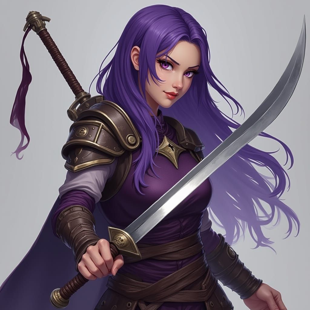 Ethereal Female Warrior Wields Twin Khopesh in a Lavender Hu...
