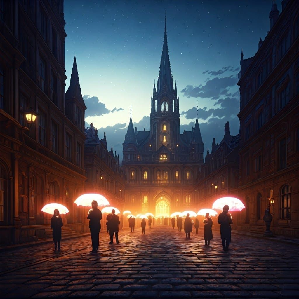 Mystical Cityscape with Glowing Umbrellas at Twilight