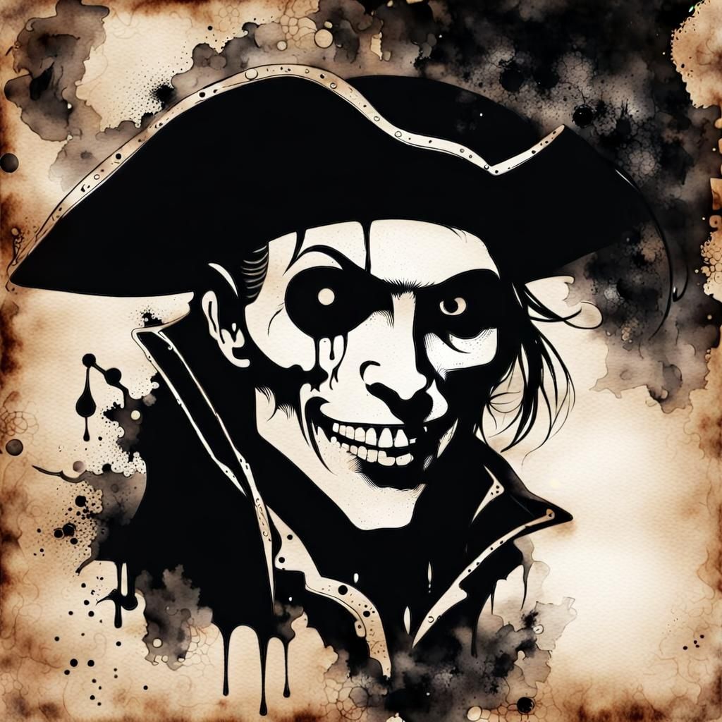 Vampire Pirate Silhouette in Steampunk Ink Painting