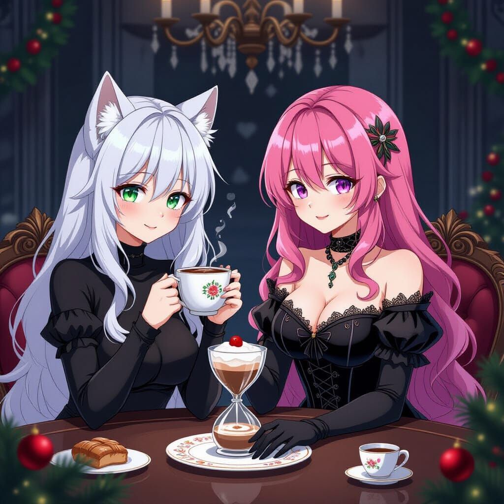 Gothic Christmas Scene with Women and Wolf in Line Art Style