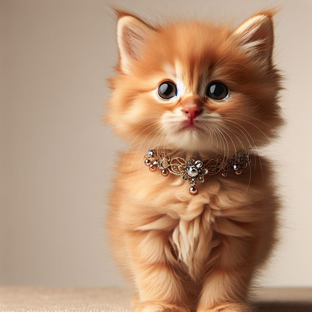 Adorable Ginger Kitten with Pretty Collar on Plain Backgroun...
