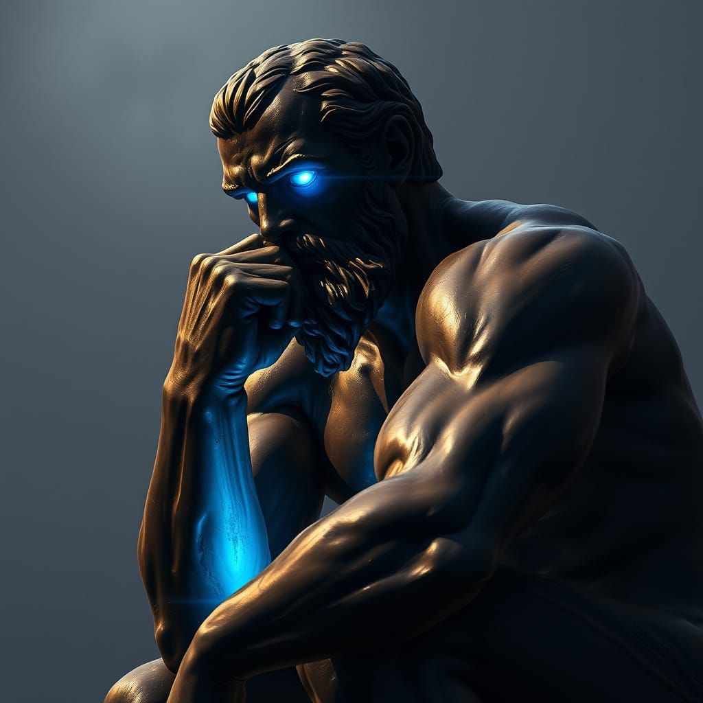 The Thinker Illuminated by Blue Screen Glow