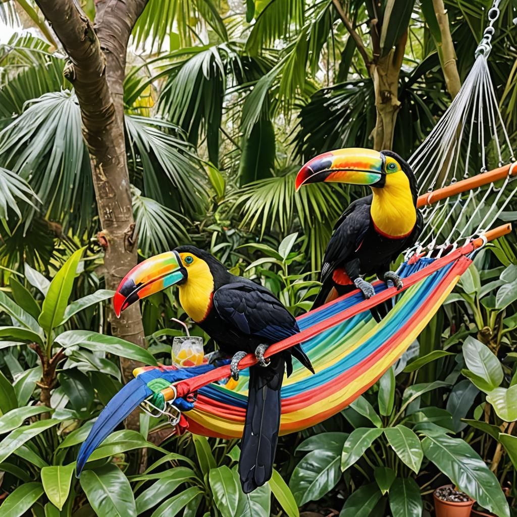 Toucan Parrots Relaxing in a Rainbow Hammock