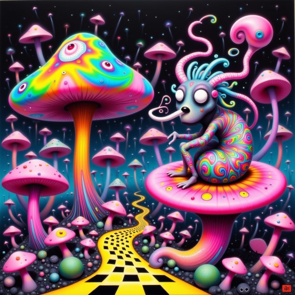 Worm in Psychedelic Wonderland on Rainbow Mushroom