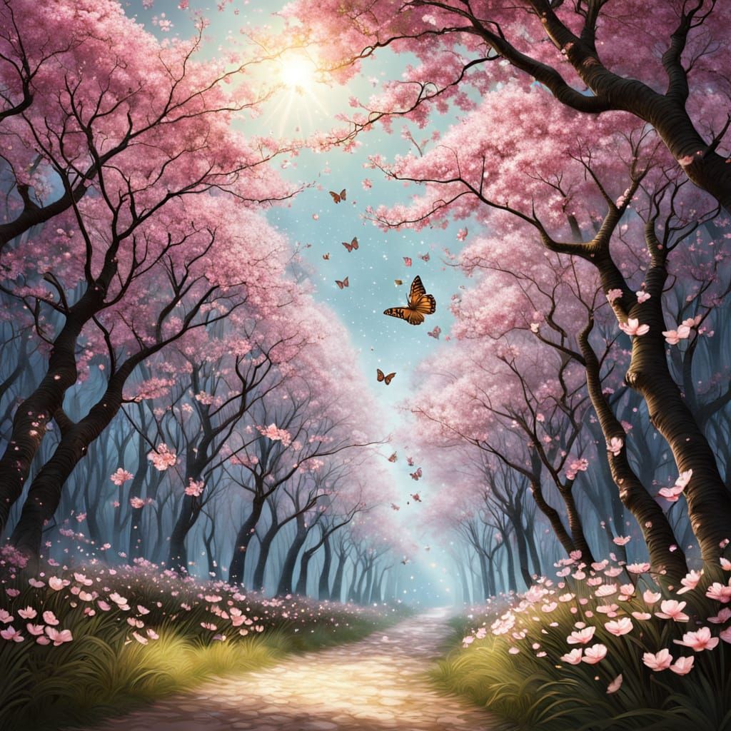 Delicate Butterfly Flies Through Vibrant Pink Cherry Blossom...