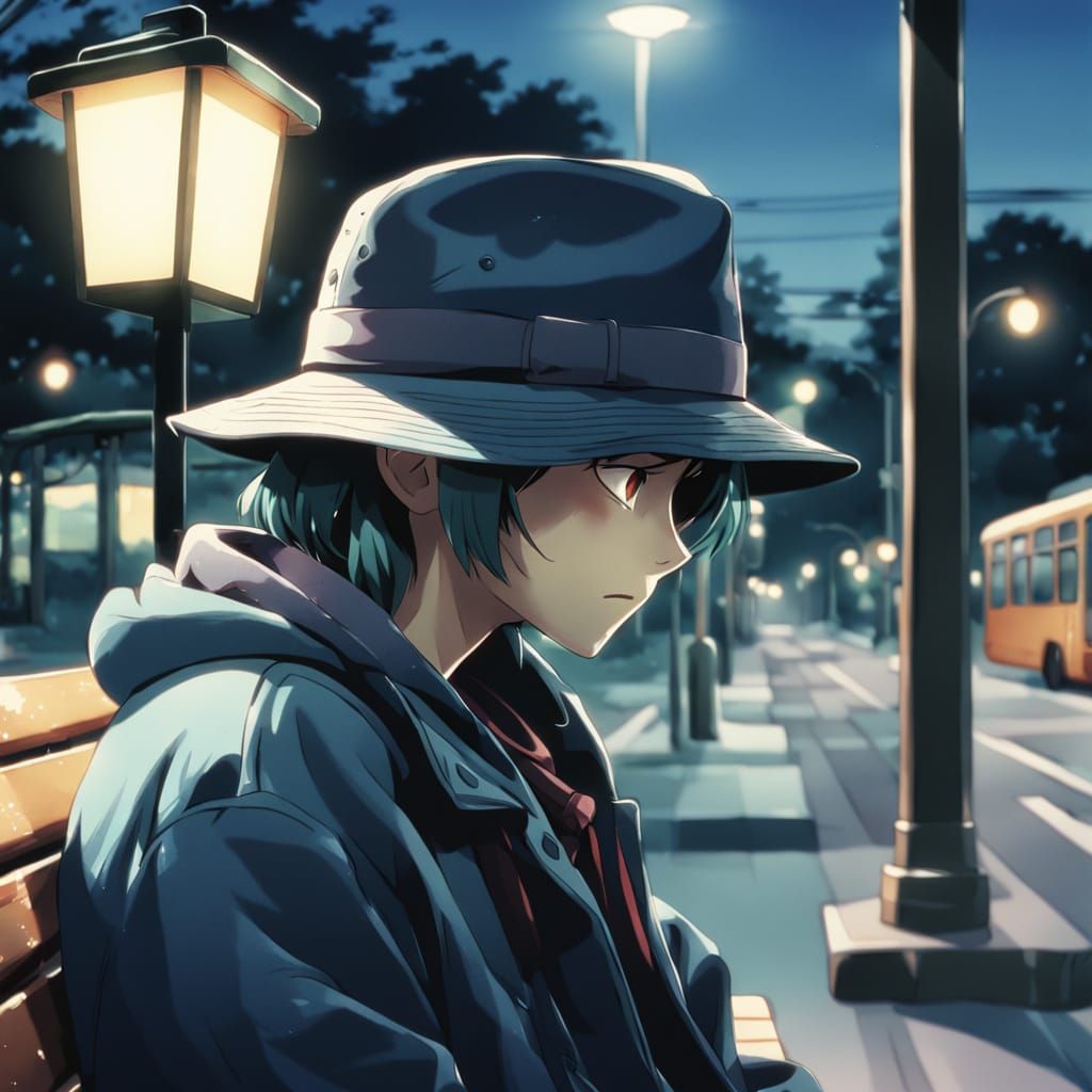 Watercolor Anime: Hat on Bench at Bus Stop
