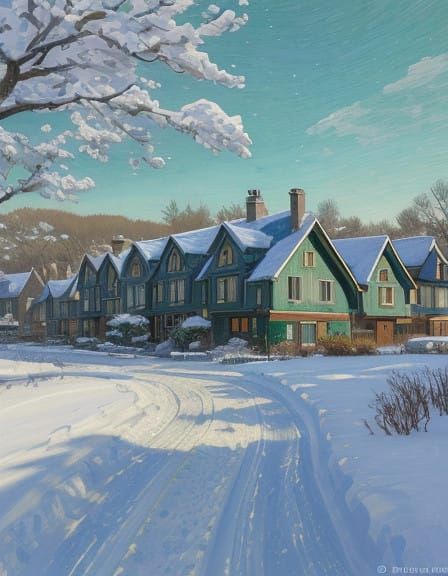 Winter Village Scene in Vibrant Impasto Style