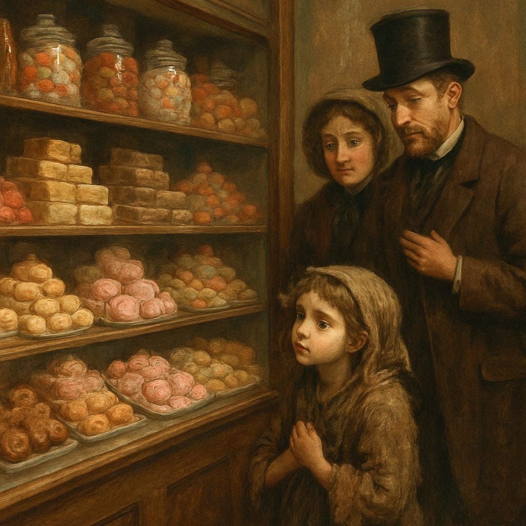 Beggar Girl and Confectionery Shop Illustration