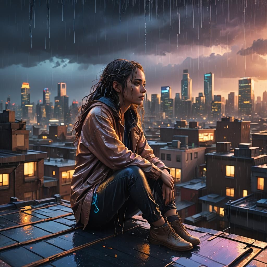 Girl in Rainy Cityscape, Fantasy Concept Art