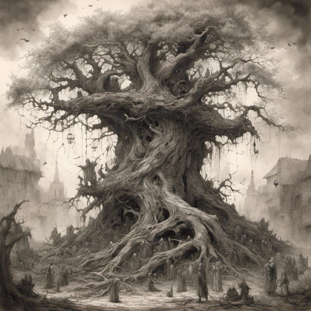 Haunted Ancient Oak Tree with Trapped Souls