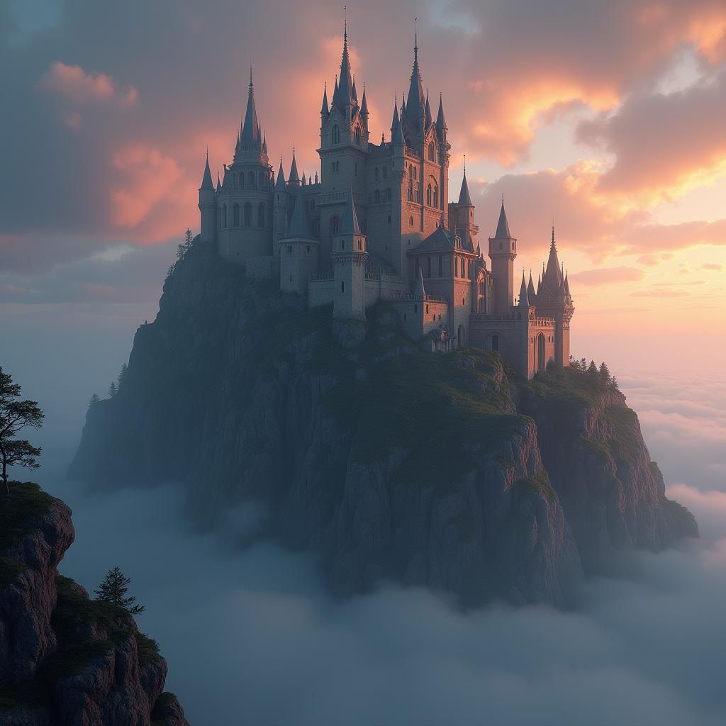 Majestic Castle on Mystical Mountain in High-Fantasy Style