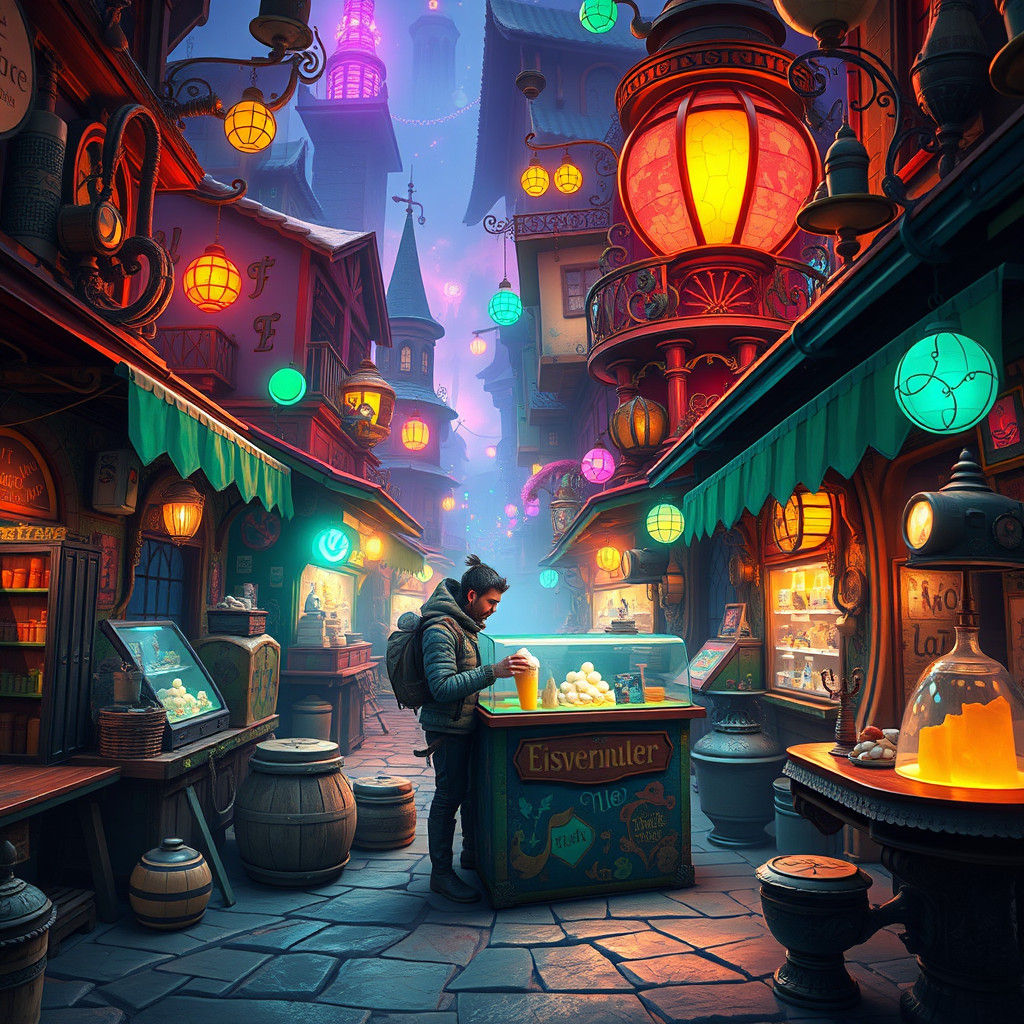 Mystical Ice Cream Vendor in Surreal Market