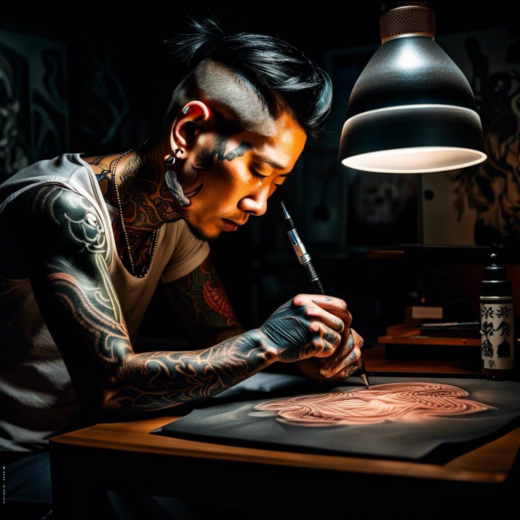 Japanese Tattoo Artist Drawing Detailed Tattoo